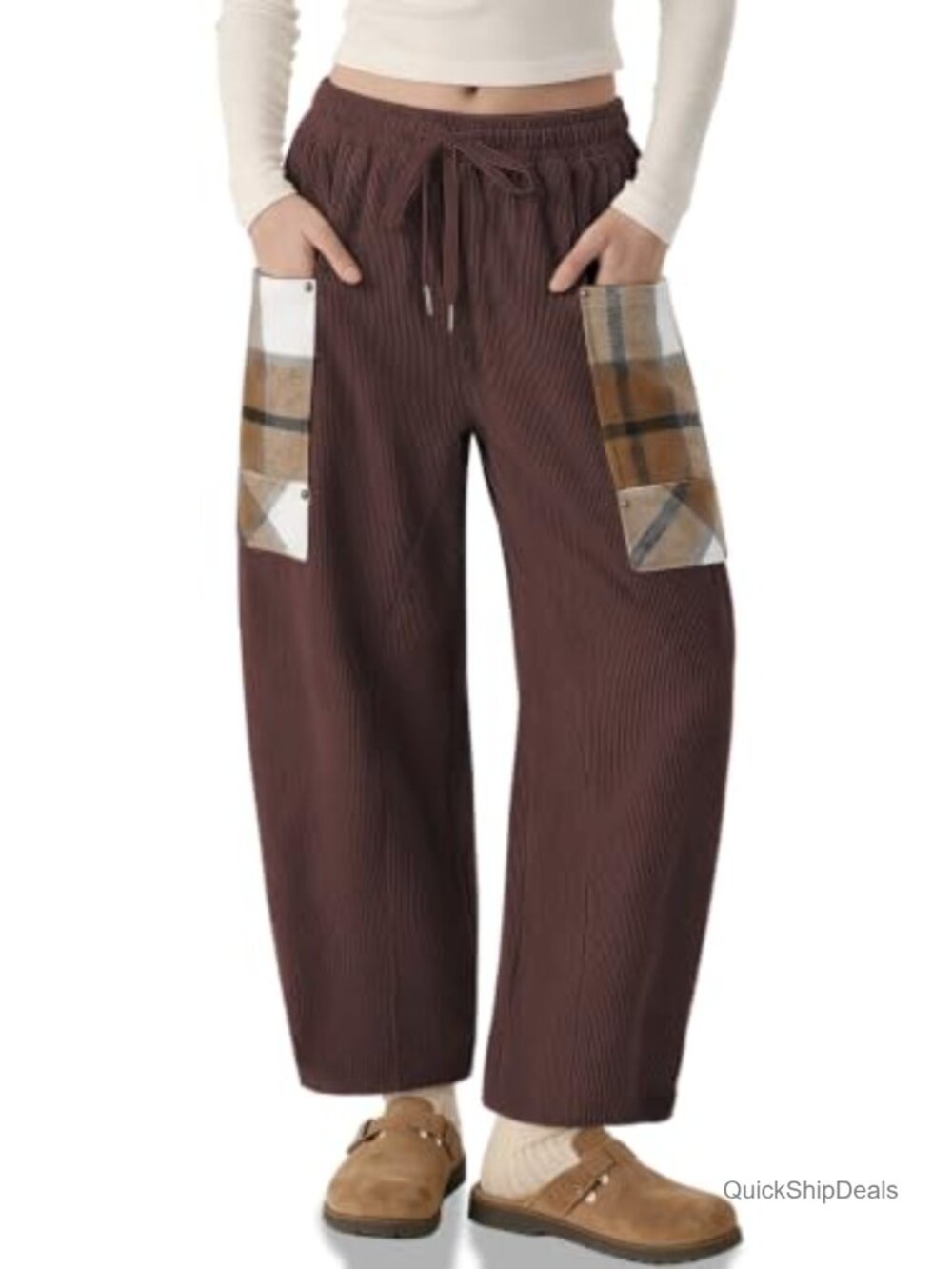 Corduroy Barrel Pants Wide Leg Plaid Patchwork Baggy Trousers